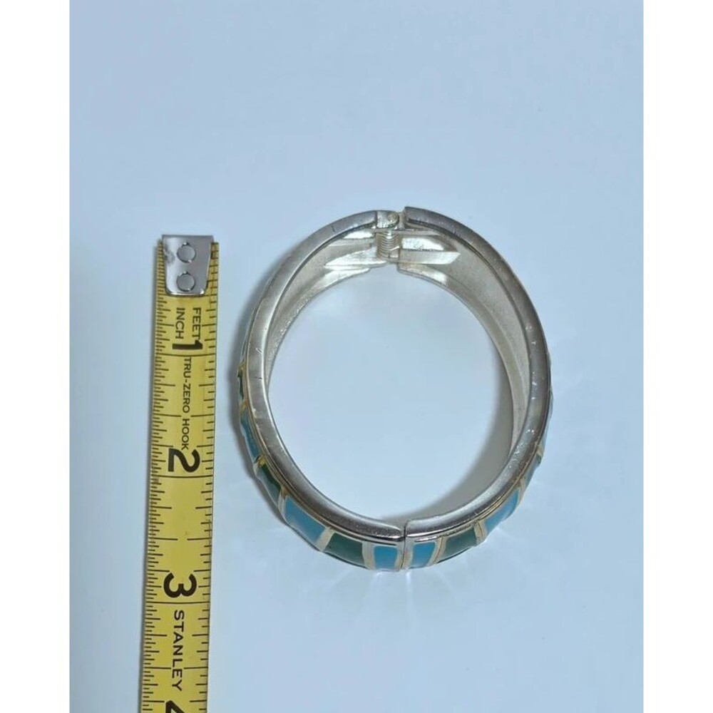 Vintage Bangle Bracelet. Silver With Green And Blue Bold Geometric Pattern. - Picture 2 of 2